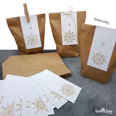 Adventskalender selber befüllen: 24 weiße Kraftpapiertüten & Mandala-Stern Zahlenanhänger