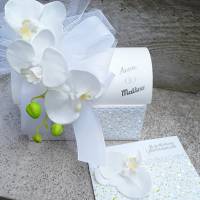 Sehr edle Geschenkbox + Karte Geldgeschenk zur Hochzeit Orchidee weiss silber Bild 1
