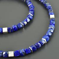 Lapislazulikette aus Würfeln mit 925er Silber, Halskette dunkelblau facettiert Würfel Sterling Silber Würfelkette Bild 1