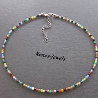Edelstein Kette kurz Achat Perlen bunt silberfarben Edelsteinkette Achatkette Handgefertigt 39 cm lang Bild 1