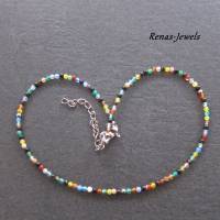 Edelstein Kette kurz Achat Perlen bunt silberfarben Edelsteinkette Achatkette Handgefertigt 39 cm lang Bild 2