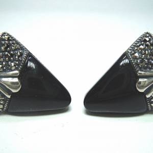 Art Deco Dreieck Silber Ohrstecker Ohrringe mit Onyx und Markasiten Bild 1