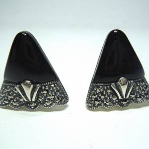 Art Deco Dreieck Silber Ohrstecker Ohrringe mit Onyx und Markasiten Bild 2