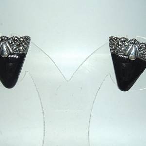 Art Deco Dreieck Silber Ohrstecker Ohrringe mit Onyx und Markasiten Bild 4