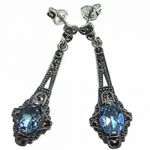 925 Silber Aquamarin Jugendstil Hänge Ohrringe mit handgefassten Markasiten Bild 1
