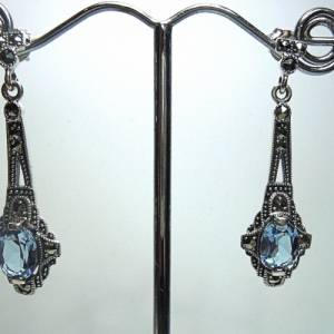 925 Silber Aquamarin Jugendstil Hänge Ohrringe mit handgefassten Markasiten Bild 3