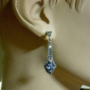 925 Silber Aquamarin Jugendstil Hänge Ohrringe mit handgefassten Markasiten Bild 5