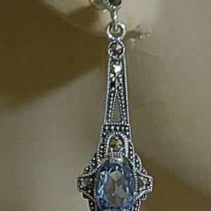 925 Silber Aquamarin Jugendstil Hänge Ohrringe mit handgefassten Markasiten Bild 6