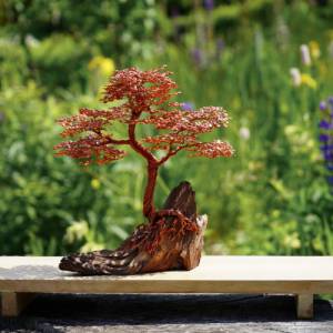 Deko Bonsai mit Blättern aus Kupferdraht auf Baumwurzel, Drahtbaum auf Baumwurzel aus Echtholz, Deko aus Holz, Deko-Bons Bild 1