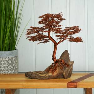 Deko Bonsai mit Blättern aus Kupferdraht auf Baumwurzel, Drahtbaum auf Baumwurzel aus Echtholz, Deko aus Holz, Deko-Bons Bild 3