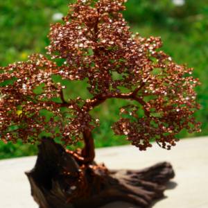 Deko Bonsai mit Blättern aus Kupferdraht auf Baumwurzel, Drahtbaum auf Baumwurzel aus Echtholz, Deko aus Holz, Deko-Bons Bild 5