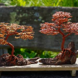 Deko Bonsai mit Blättern aus Kupferdraht auf Baumwurzel, Drahtbaum auf Baumwurzel aus Echtholz, Deko aus Holz, Deko-Bons Bild 9
