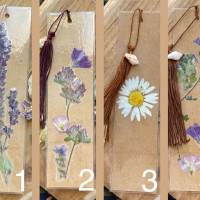 Fleurs - Natur-inspirierte Lesezeichen mit echten Blüten auf Kraftpapier und Muscheln an handgefertigten Quasten Bild 1