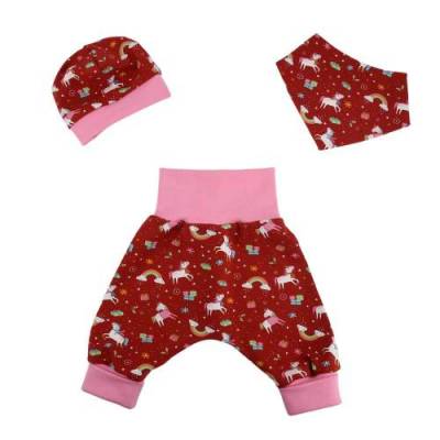 Baby Mädchen Frühchen Set Pumphose-Mütze-Tuch "Einhorn im Winterland" Geschenk Geburt Weihnachten