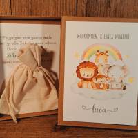 Personalisiertes Geschenk zur Geburt - Geldgeschenk zum Baby - Wildtiere Geschenkset - Geschenkverpackung Regenbogen Bild 4