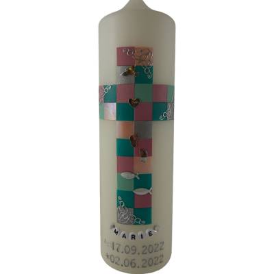 Taufkerze Kreuz Mosaik rosa mint silber  Kreuz mit Name Datum 250/70 mm Original Design TKR9710