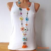 Bettelkette lang bunt silberfarben Perlmuttkette Hippie Ibiza Kette Perlmutt Muschel Perlenkette Handgefertigt Bild 1