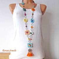 Bettelkette lang bunt silberfarben Perlmuttkette Hippie Ibiza Kette Perlmutt Muschel Perlenkette Handgefertigt Bild 5