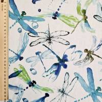 Stoff Baumwolle "Fireflies & Waterdrops"  Libellen blau grün  Aquarell Digitaldruck Leinenoptik Bild 2