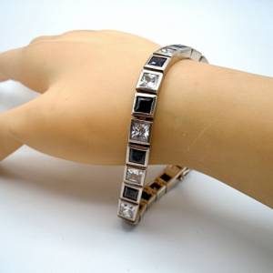 925 Silber Tennis Armband mit Onyx und Bergkristallen um 1950 Bild 1