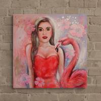 FLAMINGO GIRL - Acrylgemälde mit Flamingo und einer Frau auf Leinwand 60cmx60cm Bild 1