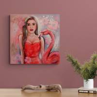 FLAMINGO GIRL - Acrylgemälde mit Flamingo und einer Frau auf Leinwand 60cmx60cm Bild 10