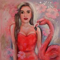 FLAMINGO GIRL - Acrylgemälde mit Flamingo und einer Frau auf Leinwand 60cmx60cm Bild 6