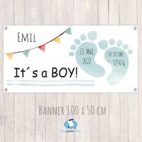 Banner zur Geburt - Babyparty 100 x 50 cm | Its a boy - Baby Fußabdruck - aquablau Bild 1