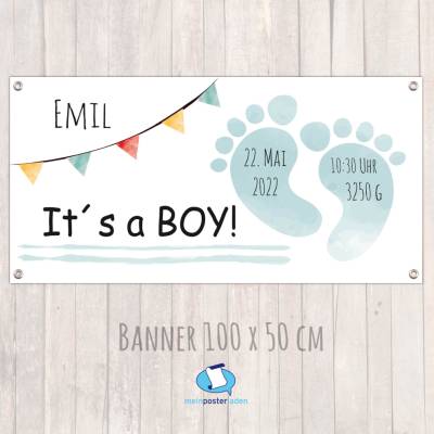 Banner zur Geburt - Babyparty 100 x 50 cm | Its a boy - Baby Fußabdruck - aquablau