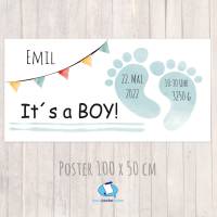 Banner zur Geburt - Babyparty 100 x 50 cm | Its a boy - Baby Fußabdruck - aquablau Bild 2