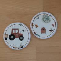 1 Paar Bügelflicken, rund 6,5 cm, mit Bauernhof-Motiven, Biobaumwolle, GOTS, Handarbeit Bild 1
