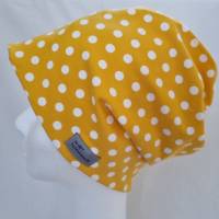Beanie-Loop - gleichzeitig Mütze und Loop - für Damen, genäht aus Jersey in gelb-weiß, von he-ART by helen hesse Bild 1