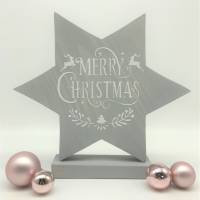 Stern aus Holz auf Holzsockel, grau/weiß, mit Pulverschnee beflockt, Weihnachten Bild 1