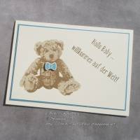 Karte zur Geburt: Teddy (blau) ~ Hallo Baby ... willkommen auf der Welt! ~ 14,85 x 10,5 cm Bild 1