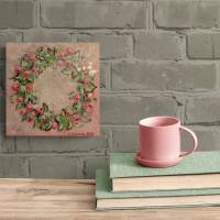 BBEERENKRANZ - kleines Bild mit rosa Beeren auf Leinwand je 20cmx20cm mit Glitter und Strukturpaste Bild 3