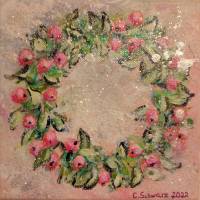 BBEERENKRANZ - kleines Bild mit rosa Beeren auf Leinwand je 20cmx20cm mit Glitter und Strukturpaste Bild 4