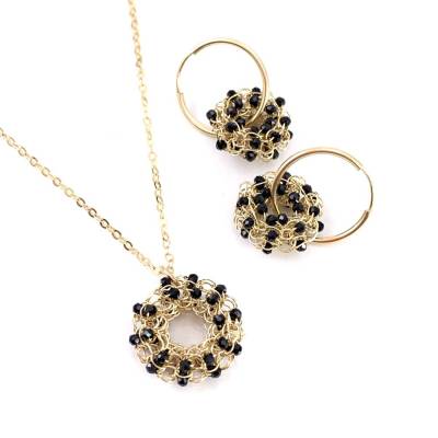 DONUT Set - hand gestrickter ANHÄNGER und/oder CREOLEN aus gold-filled Draht mit schwarzem Spinell, ab