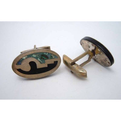 Silberschmiede Azteken Manschettenknöpfe mit Türkis & Onyx – Handgefertigt, signiert, Vintage