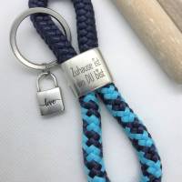 Schlüsselanhänger aus Segelseil/Segeltau, Zwischenstück: "Zuhause ist wo du bist", dunkelblau/türkis Bild 1