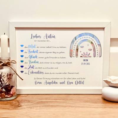 Personalisiertes Geldgeschenk zur Firmung für Jungen – Kreativer Bilderrahmen mit Regenbogen & Wunschtext