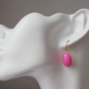 Ohrhänger Jade Rosa, ovale lange Ohrringe Pink hängend, Hängeohrringe vergoldet, Edelstein Anhänger Gold, Ohrhänger Stei Bild 5