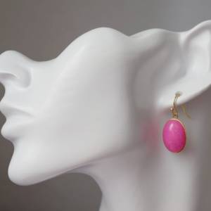 Ohrhänger Jade Rosa, ovale lange Ohrringe Pink hängend, Hängeohrringe vergoldet, Edelstein Anhänger Gold, Ohrhänger Stei Bild 7
