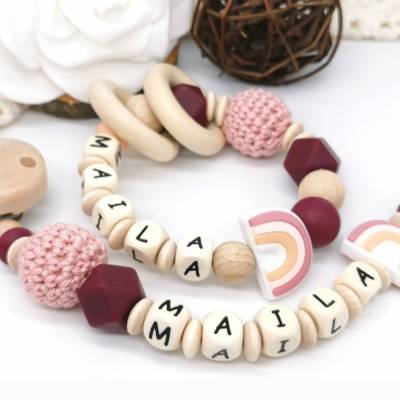 Schnullerkette und Greifling Regenbogen Set Mädchen Weinrot