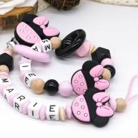Schnullerkette und Greifling Maus  Set Mädchen Pink Schwarz Bild 1