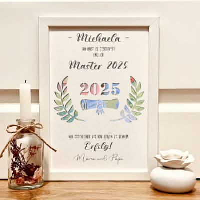 Personalisiertes Geldgeschenk zur Abschlussfeier: Master, Bachelor, Abitur & Ausbildung – Individuelles A4-Bild mit Blätterkranz & Urkunde