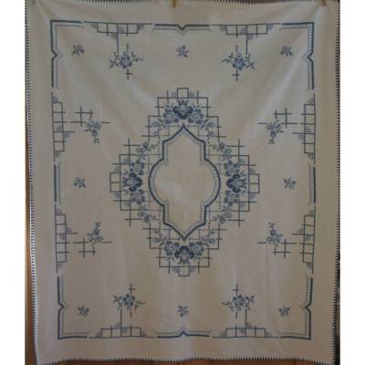 blau bestickte Tischdecke Vintage Kreuzstich