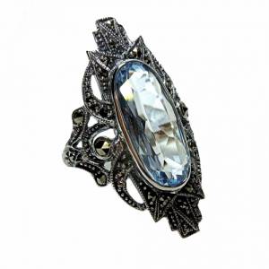 Jugendstil Sterling Silber Aquamarin Ring mit Markasit Bild 1