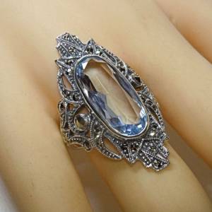 Jugendstil Sterling Silber Aquamarin Ring mit Markasit Bild 2