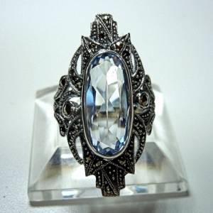 Jugendstil Sterling Silber Aquamarin Ring mit Markasit Bild 3