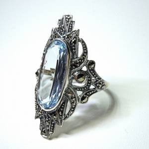Jugendstil Sterling Silber Aquamarin Ring mit Markasit Bild 4